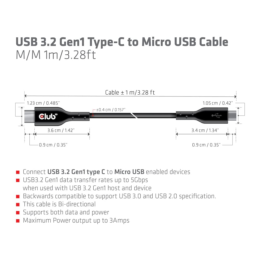 Club3D USB 3.2 Gen1 Type-C to Micro USB Cable M/M 1 Metre