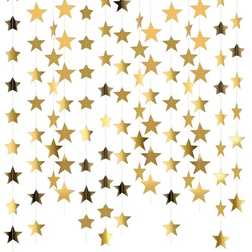 Reflective Star Paper Garland 65 Feet Gold Star Bunting Party Garland Decorations Glitter Stars Hanging Banner for Birthday Wedding
