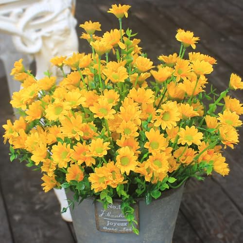 HIFORESTAR Yellow Artificial Outdoor Flowers Fake Mums 8 Bundles Flower Realistic Wild Flower Cemetery Daisy Stems Faux Plants for Outdoors Planter Front Porch Patio Decor