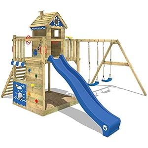 WICKEY Speeltoestel Smart Lodge 150 met schommel en blauwe glijbaan, Houten speeltuig, Klimtoestel voor buiten met…