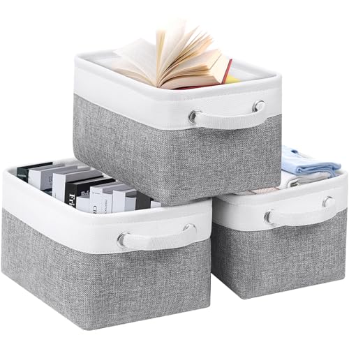Patvingot Storage Boxes, Storage Basket with Fabric Handle for Shelves Cupboards Clothes (White/Grey, Small-3 Pack)