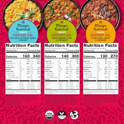 Image of Maya Kaimal Foods - Organic Indian Everyday Dal - 12 pack variety of 10oz Ready to Eat Meals - Fully Cooked - Vegan - Kosher - Microwavable - made from Lentils, Beans, Squash, Coconut, Peas