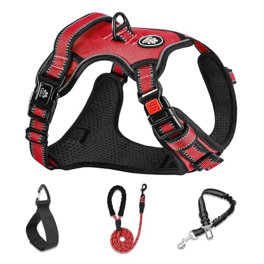 NESTROAD Hundegeschirr Mittelgroße Hunde Rot, Größe M Anti Zieh Geschirr für Hunde Mittel, Halsumfang 33~43CM Brustumfang 43~64CM, Hundesicherheitsgurt Sicherheitsgeschirr Hund Gepolstert