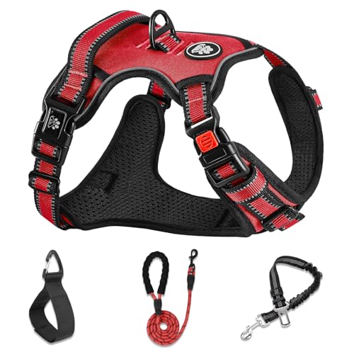 NESTROAD Hundegeschirr Mittelgroße Hunde Rot, Größe M Anti Zieh Geschirr für Hunde Mittel, Halsumfang 33~43CM Brustumfang 43~64CM, Hundesicherheitsgurt Sicherheitsgeschirr Hund Gepolstert