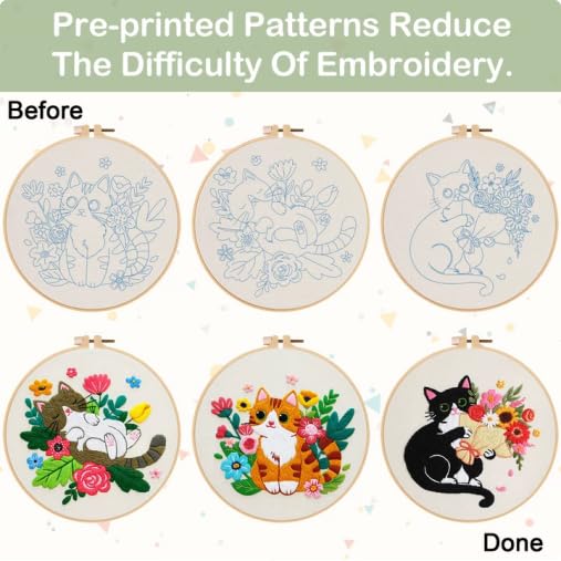 Image of Nuberlic Cat Embroidery Kit for Adults Beginners - 3 Pre-Printed Animal Patterns, Adults Starter Cross Stitch Kit DIY Needlepoint