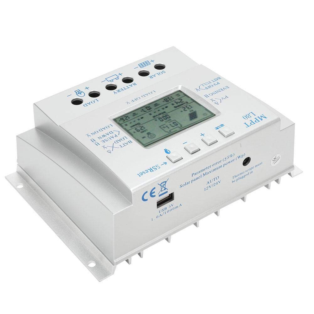 Controlador de carga solar 80A, MPPT L-80 Pantalla LCD PWM Controlador de carga solar fotovoltaico MPPT Regulador 12V/24V, Regulador inteligente de batería del panel solar