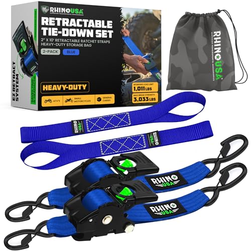 Image of Rhino USA Retractable Ratchet Straps (2-Pack) - 2 Inch x 10 Feet (3,033lb Break Strength) - Heavy Duty Auto Self Retracting Tie Down Straps for Truck, Cargo Trailer, Motorcycle, Rad & More - Blue