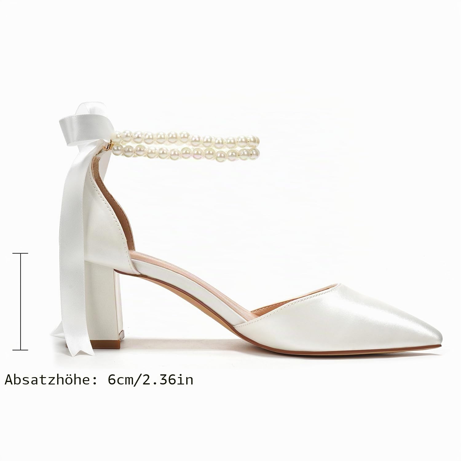 Elivandon J1585 Damen Satin Spitze Zehen Mittlerer Absatz Abend Sandalen 6 cm Blockabsatz Braut Party Hochzeit Pumps mit Doppel Perlen Riemen