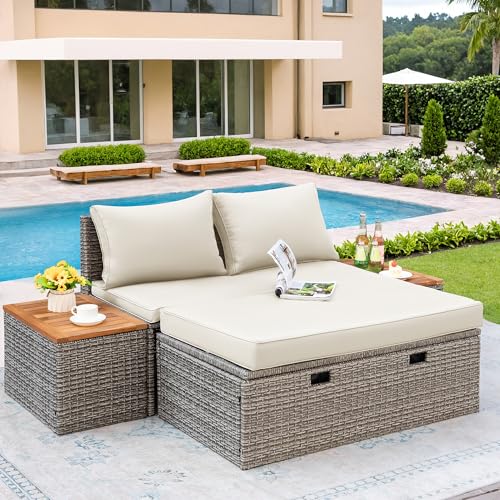 Flamaker ADL240118-2 Outdoor Rattan Lounge Chair With 2 Side Tables, Multifunctional Outdoor Patio Daybed thumb #4
