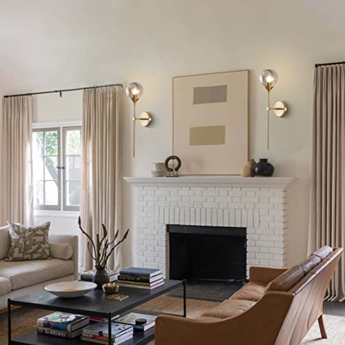 Image of BOKT Brushed Brass Gold Wall Mounted Sconce Set of 2 Mid Century Modern Long Globe Wall Light Fixture Vintage Smoke Gray Glass Wall Sconce Lighting (Smoke Gray)
