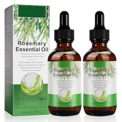 Aceite esencial de romero para el crecimiento del cabello - 100% puro orgánico para el cuidado de la piel, cejas, pestañas, nutre el cuero cabelludo, estimula el crecimiento del cabello 60ML(2 Pack)