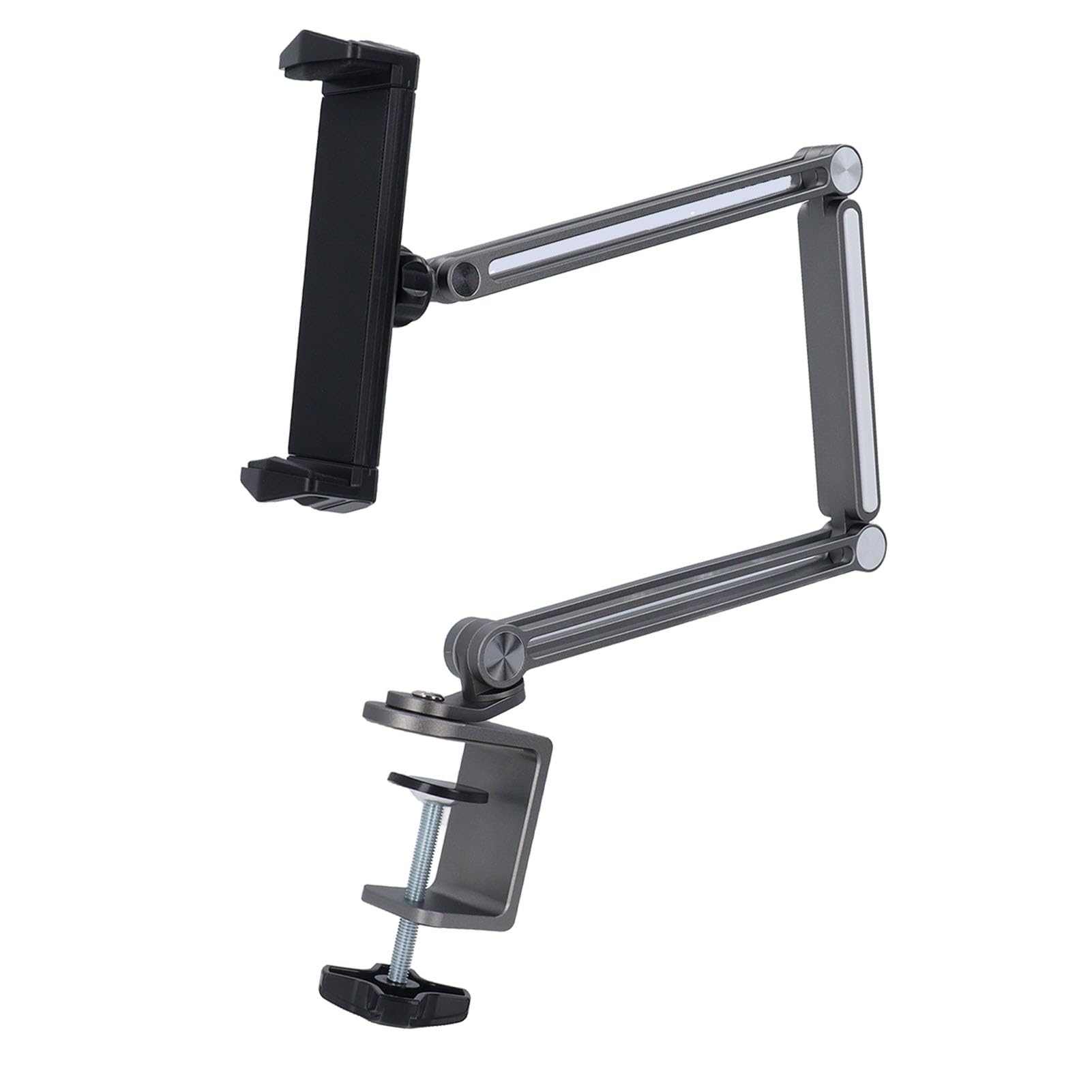 Jiawu Supporto per Telefono da Tavolo con Braccio Lungo con Luce LED, Supporto Regolabile per Telefono da Letto in Metallo con Rotazione di 360 Gradi, Portatile Pieghevole con Morsetto per Tablet,