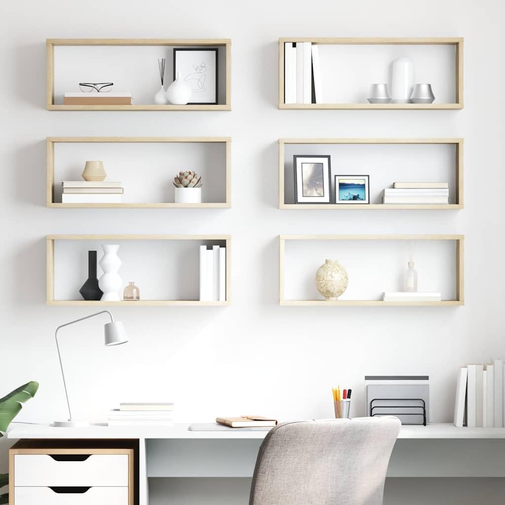 Juego de 6 estantes de pared de roble Sonoma, material de madera, 60 x 15 x 23 cm, almacenamiento decorativo para salón, cocina, baño, dormitorio, oficina, organizador de espacio de