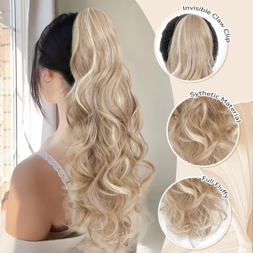 Image of 24 inch Ponytail Extension, Long Curly Wavy Claw Clip and Natural-Looking Synthetic Hairpiece, Voluminous Pony TailHair Extensions for Women Daily Wear. (Medium Blonde With Beige Highlight, 24Inch)