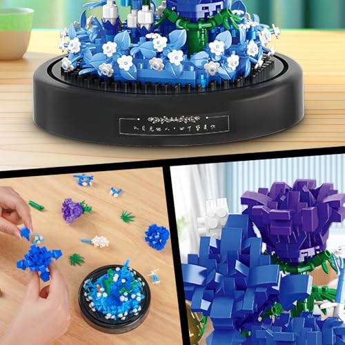 Image of QLT QIAOLETONG Flower Bouquet Building Set, 630 PCS Blue Rose Mini Building Blocks Kit for Adults, Flowers Botanical Collection for Home Decor, Mother's Day for Her Mom Women Wife Girlfriend