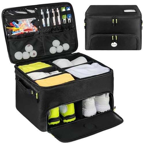 Jaffzora Golf Trunk Organizer, 2 Layers Golf Accessories Bag for Men, Waterproof Car Golf Storage Organizer with Compartment for 2 Pairs of Shoes, Golf Gifts for Men Women, Black