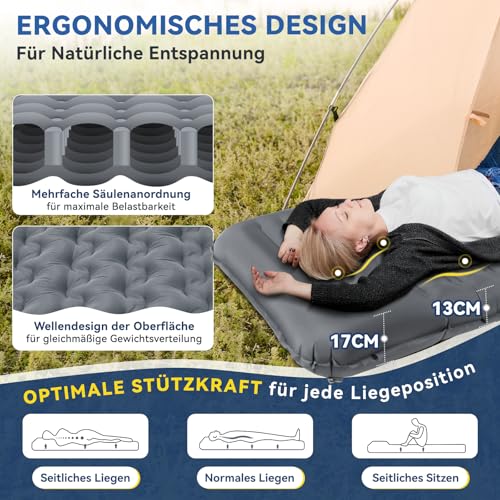 HIKENTURE Isomatte Selbstaufblasend, 13CM Ultradicke Isomatte Camping mit Kissen, Aufblasbare Luftmatratze Kleines Packmaß, Ultraleichte Schlafmatte mit Fußpumpe für Outdoor, Wandern, Zelt - Grau
