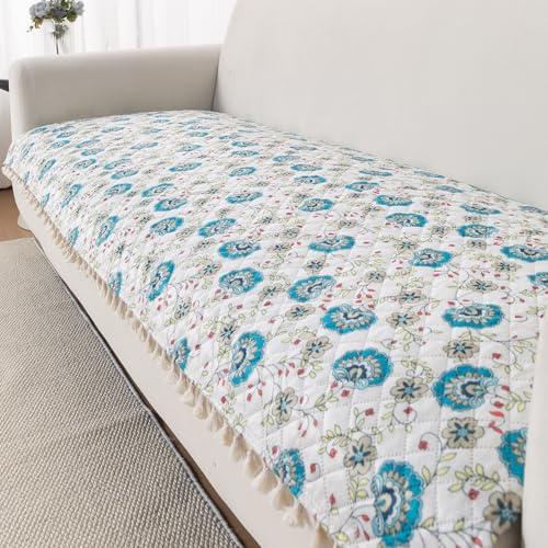 Image of HOKIPO Cerulean Bloom Quilted Sofa Cover Mat for 3 Seater Sofa with Tassels 'Tassel Twigs' Series (IN-985-T6)