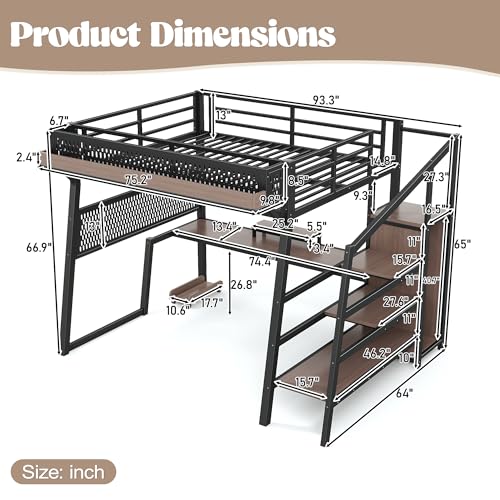Image of Bellemave Full Size Gaming Loft Bed with Desk and Wardrobe Storage Stairs,Shelves, LED USB, Loft Bed Full Size for Teens Metal, Black