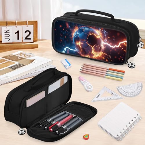 Image of Soccer Pencil Case for Boys - Large Pencil Pouch for Boys with Zipper Compartments & Handle - Big Capacity Pen Organizer Box Bag for Kids Teens School Supplies