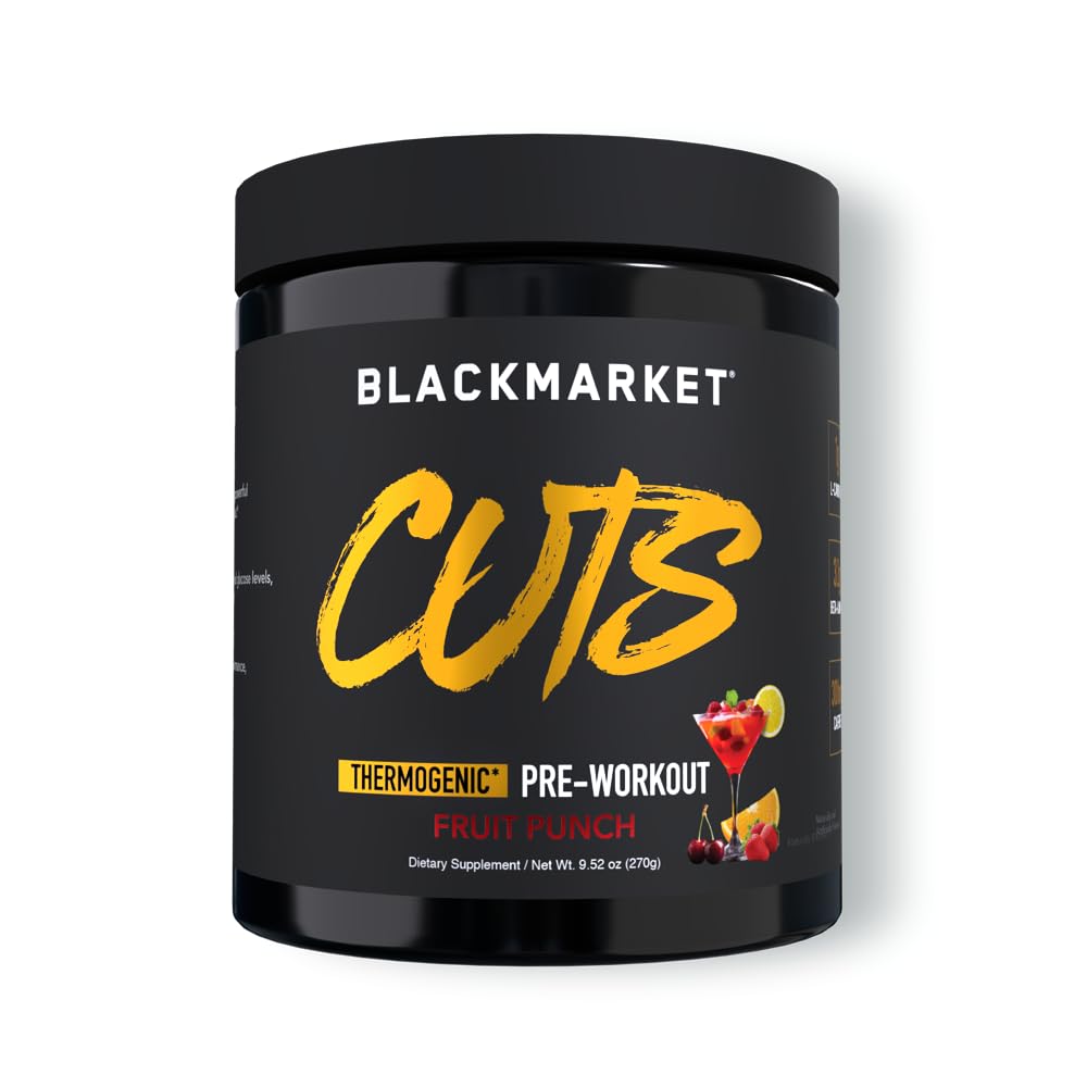 BlackMarket CUTS Pre Workout - Flavored Energy Powdered Drink Mix for Men & Women, Great for Muscle Definition, Fat Burning, Thermogenic, Creatine Free, (Fruit Punch, 30 Servings)