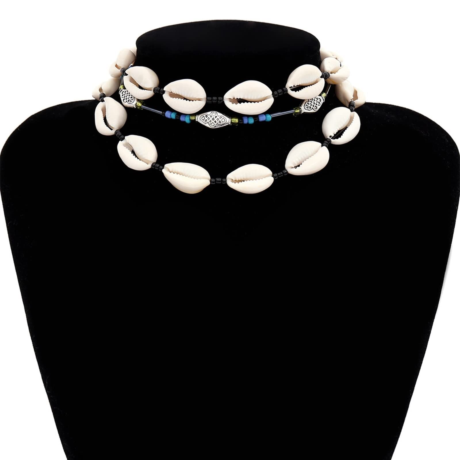 Collares largos de para mujer, capa de plata de 3 conchas y cuentas, collar ajustable para fiesta, aniversario, niñas