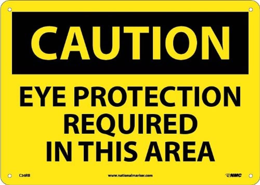 NMC C26RB OSHA Sign, "CAUTION EYE PROTECTION REQUIRED IN THIS AREA", 14" Width x 10" Height, Rigid Plastic, Black On Yellow