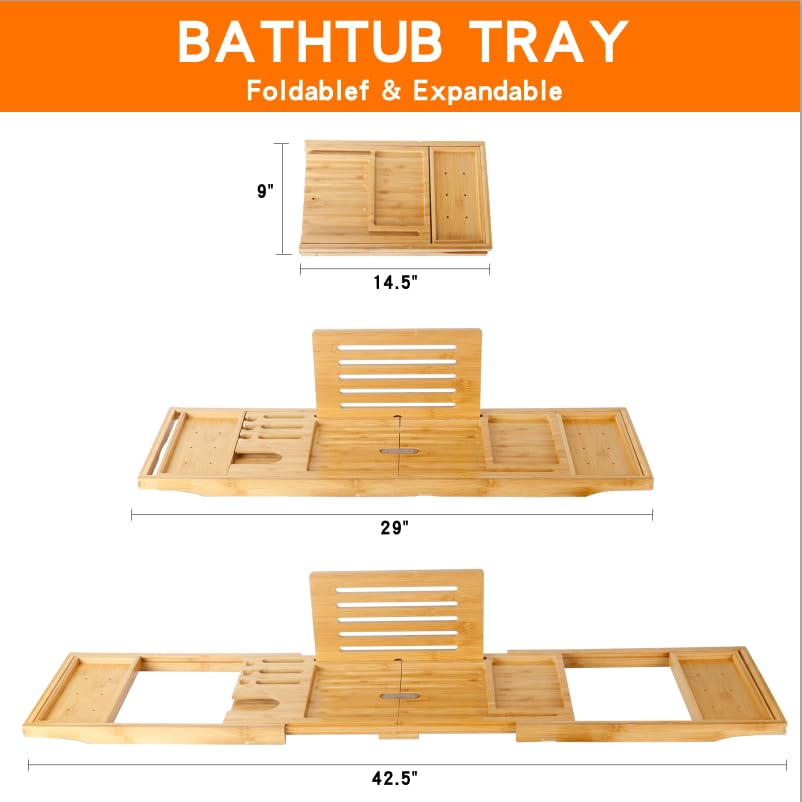 Bathtub Tray Table and Bath Pillow, Expandable and Foldable Bath Caddy Tray for Tub, Luxury Bathtub Accessories
