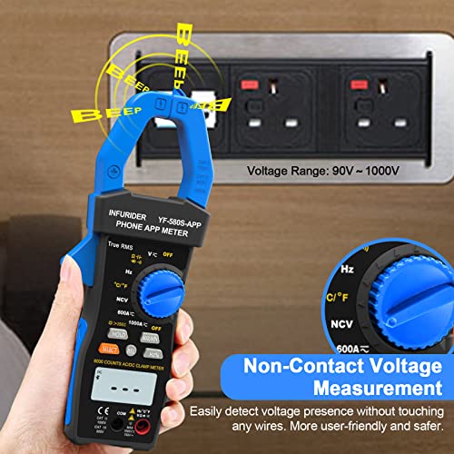 Infurider Bluetooth Clamp Meter, Trms 6000 Counts Auto- Ranging Clamp On Ammeter, 1000A Ac/Dc Current Clamp Volt Meter, Wireless Clamp Multimeter Measures Capacitance, Ohm, Hz, Ncv And Temperature #TOP5