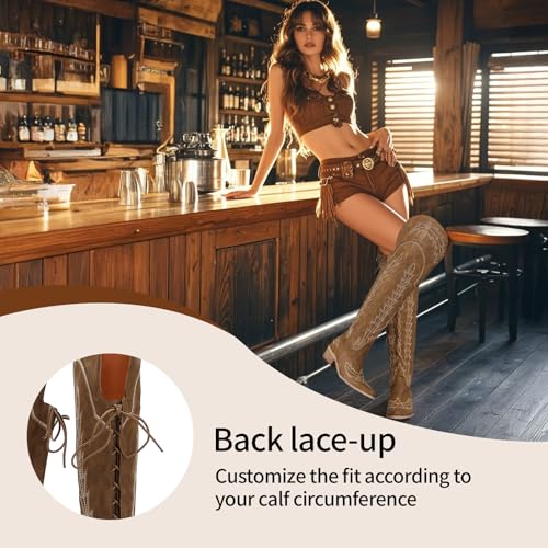 Thigh High Cowboy Boots With Lace Up Wide Calf Over The Knee Cowgirl Boot For Women Embroidered Western Tall Boots With Side Zipper and Chunky Heel3