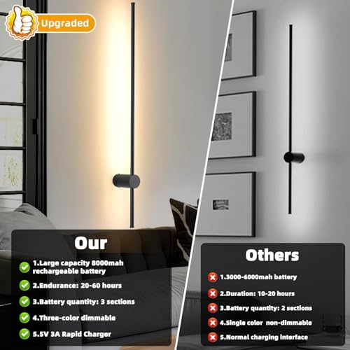 Image of LED Wireless Wall Sconce with Remote Control, Dimmable /350 Rotate /Timing /USB Rechargeable Battery Powered Indoor Wall Lamps, 39.3 inch Black Wall Lights Set of Two for Hallway, Living Room, Bedroom