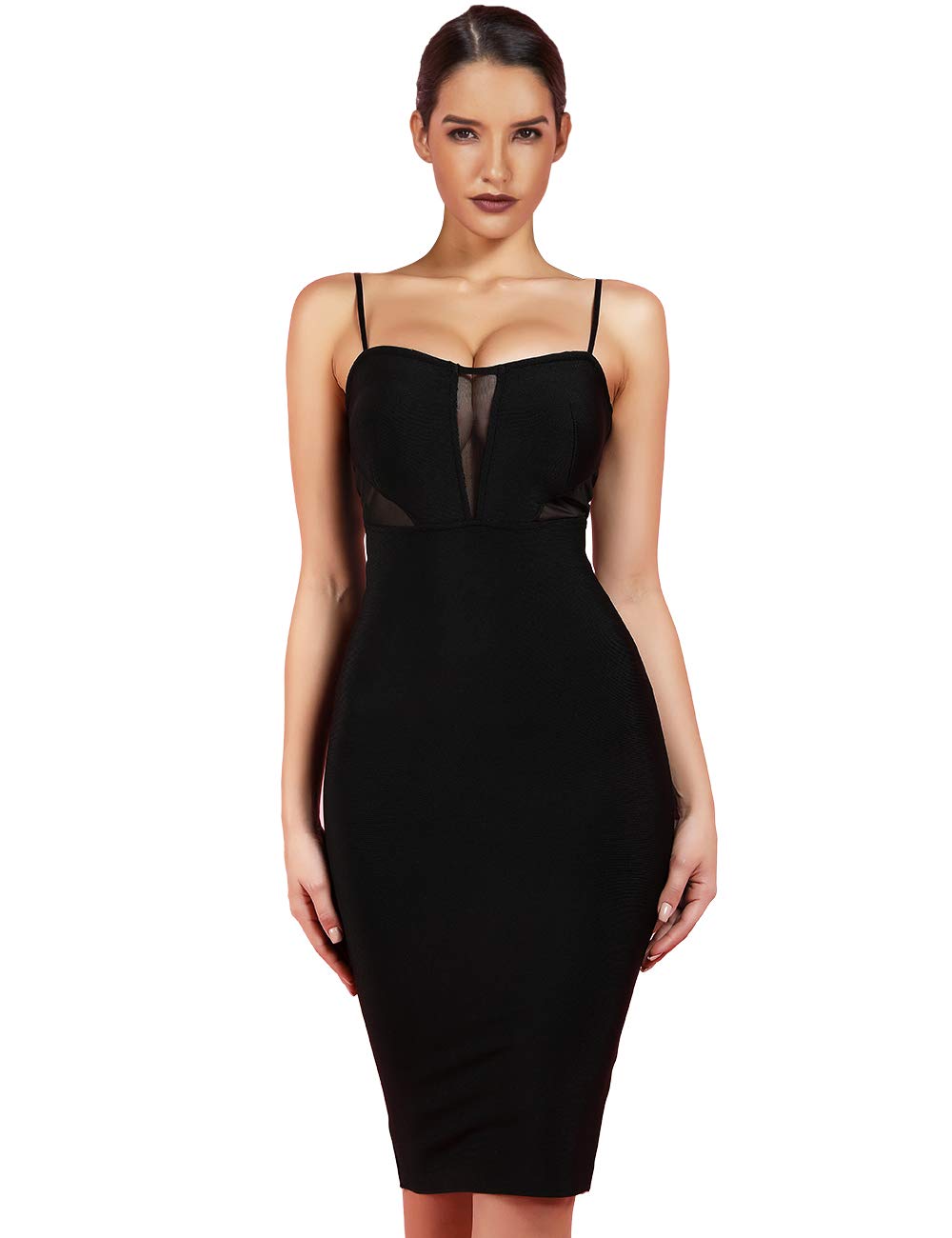 Maketina Women's Spaghetti Strap Sexy Mesh See Through Midi Bandage Bodycon Party Dres