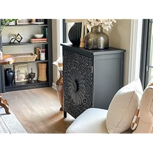 Maison arts accent cabinet with 2 doors farmhouse distressed storage cabinet with solid wood legs for living room entryway foyer kitchen sideboard buffet cabinet black carved doors  urban country home decor