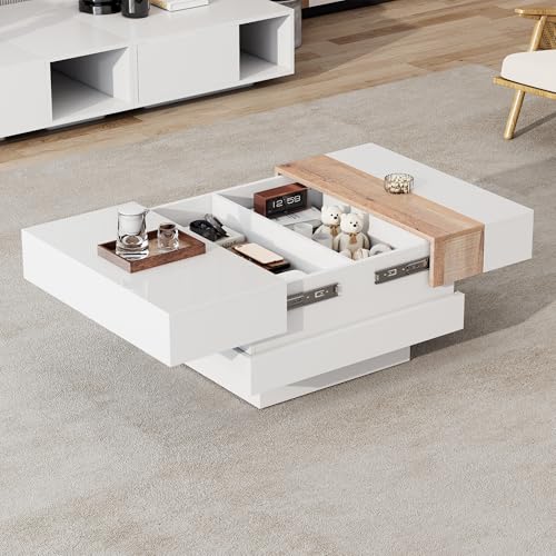 OKMYHOME Table Basse Blanc avec Plateau Coulissant, 2 Compartiments de Rangement et Éclairage Supérieur, Panneau de Particules, 70x70x39 cm - Bois Naturel