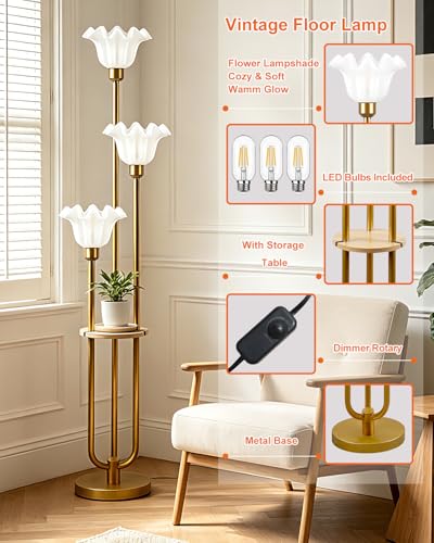 Image of Lightdot Flower Floor Lamp for Living Room Dimmable Vintage Floor Lamp with Shelf& Bulbs Included Mid Century Gold Floral Standing Tall Lamp with 5Lbs Heavy Base for Bedroom /Sofa Beside /Corner Decor
