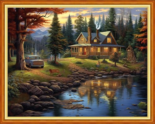 Image of Dooxvey Cross Stitch Kits for Adults Stamped Full Range of Embroidery Starter Kits for Beginners 11CT Printed Cross Stitch Patterns Needlepoint Kits Stamped Crossstitch-Forest Cabin 16x20 inch