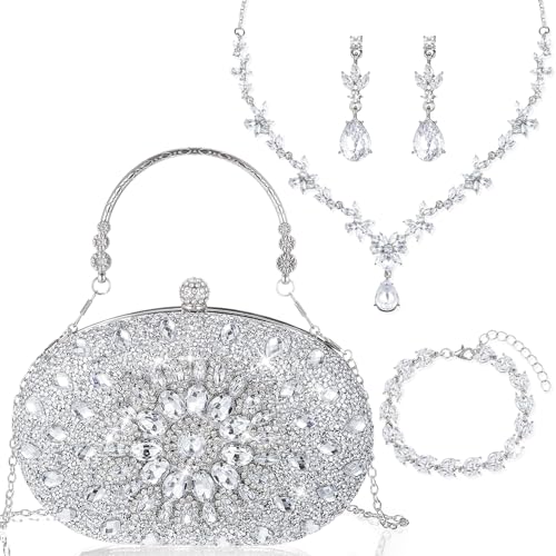 Image of Quelay 4 Pcs Purse Rhinestone Jewelry Set for Wedding Bridal Women Evening Clutch Bag Necklace Dangle Earrings Bracelets