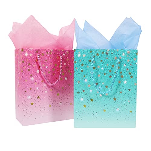 2 Pack Gift Bags with 4 Tissue Paper, Small Medium Gift Bag for Present, Birthday Gift Bag for Women, Wedding, Baby Shower, Graduation Party, Bridal Shower(Blue, Pink)