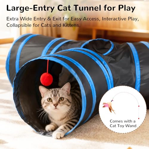 Image of Tempcore Cat Tunnel for Indoor Cats, 3 Way Collapsible Pet Play Tunnel with Teaser Wand, Peek Holes & Hanging Ball, Interactive Tube for Kittens & Rabbits, Black & Royal Blue