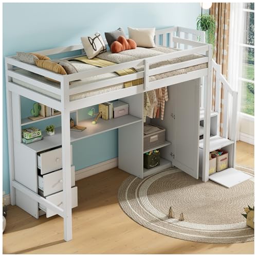 Wyibwy Einzelbett Holzbett 90x200 cm, Hochbett mit Schreibtisch und Schrank, Treppe mit Schubladen und Wandschrank, Geeignet für Jugendliche und Erwachsene, Weiß(ohne Matratze)