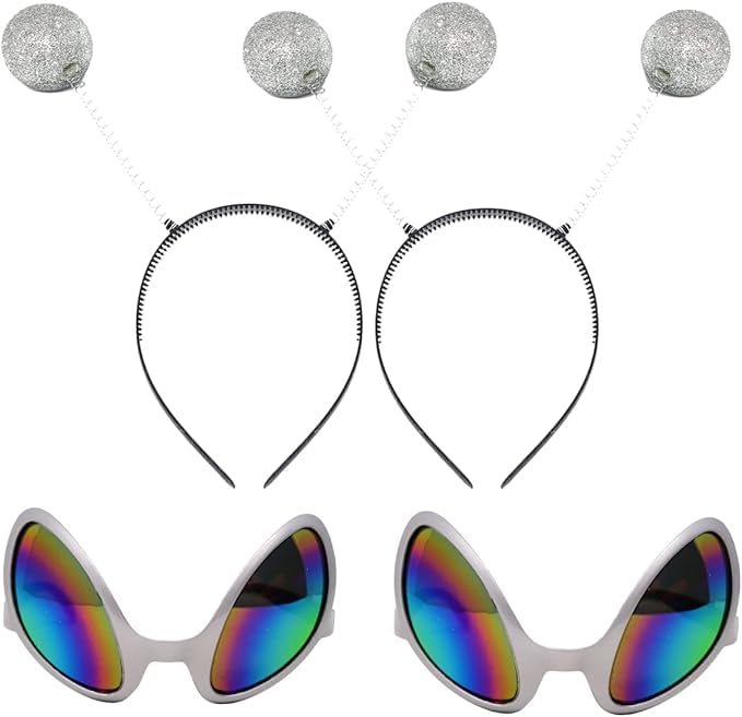 YUXUBOOSilver Alien Headband Antenna with Glasses | Martian Alien Costume Accessories | Halloween Space Theme Party Favors for Women Men and Kids (2 Pack)