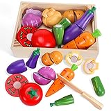 WHOHOLL Wooden Play Food for Kids, Cutting Food Toys for Toddlers, Pretend Play Food with Wooden...