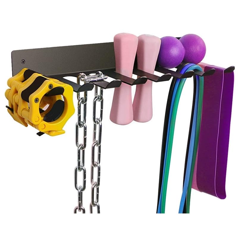 Multi-Use Gym Equipment Storage Rack, Heavy Duty Barbell Holder, Dumbbell Storage Rack Wall Mount with Hooks for Home Gym(Black)