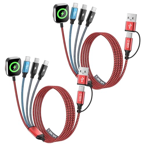 Image of Travel Essentials 4in2 Multi Charging Cable for iPhone Watch Charger,USB A /C to 3 Type C /iWatch Charger,Charging Cables for Multiple Devices Compatible with iWatch 11-1 /Ultra /SE&iPhone 17-12 5FT 2Pack