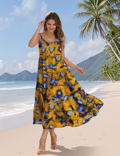 Image of YESNO Summer Bohemian Floral Dresses for Women Spaghetti Straps Maxi Dress Casual Flowy Dresses with Pockets ES0