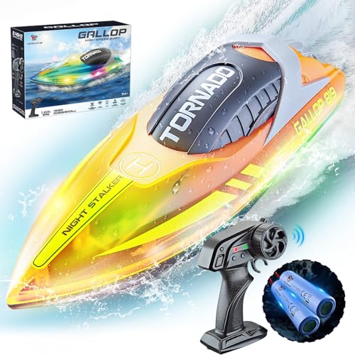 JONRRYIN Ferngesteuertes Boot, RC Boot mit LED-Licht für Pools und Seen, 2,4 GHz Ferngesteuerte Boote RC Rennboot, Speedboot Poolspielzeug für Kinder und Erwachsene (Orange)