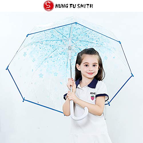 Kung Fu Smith Women Half Automatic Clear Flower Bubble Dome Shape Wind Stick Rain Umbrella, Blue - Image 6