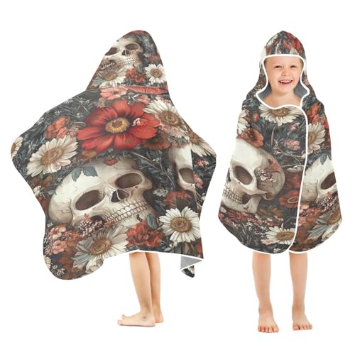 Kigai Skull Flower Hooded Beach Towel for Kids Soft Absorbent Quick Dry Bath Towel with Hood Lightweight Toddler Shower Pool Bath Wrap for Boys Girls