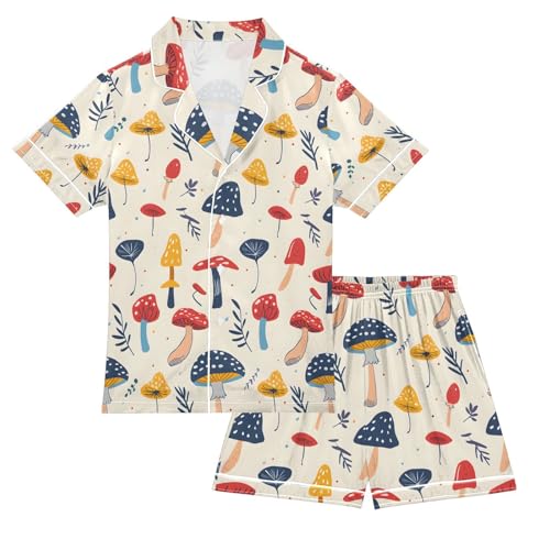 ALAZA Colorful Mushroom Leaf Pajamas Satin Pajama Set Short Sleeve Button Down Sleepwear