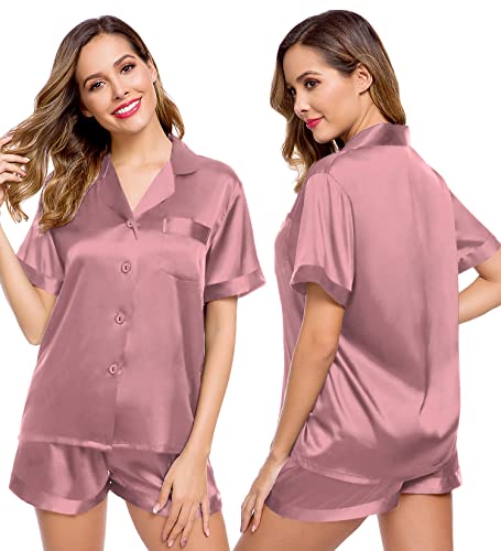 Image of LecGee Womens Silk Satin Pajamas Short Sleeve Loungewear Two-Piece Sleepwear Button-Down Pj Set